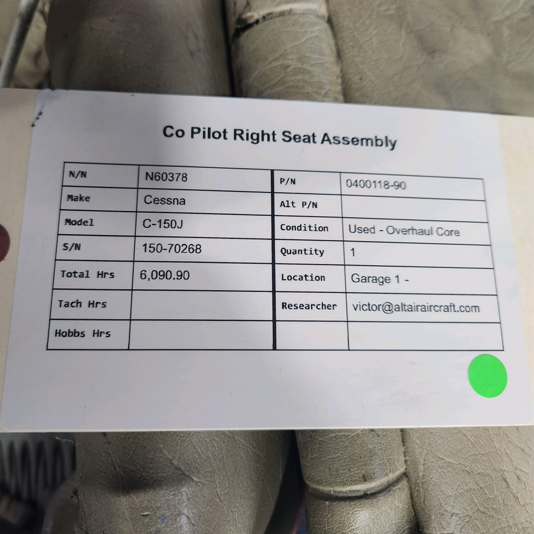 Used aircraft parts for sale, 0400118-90 Cessna C-150J CO PILOT RIGHT SEAT ASSEMBLY CORE