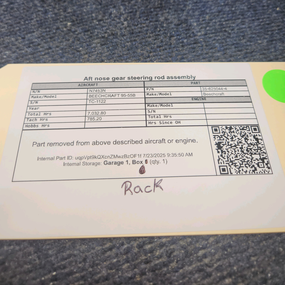 Used aircraft parts for sale, 35‑825044‑4 BEECHCRAFT 95-55B Aft Nose Gear Steering Rod Assembly