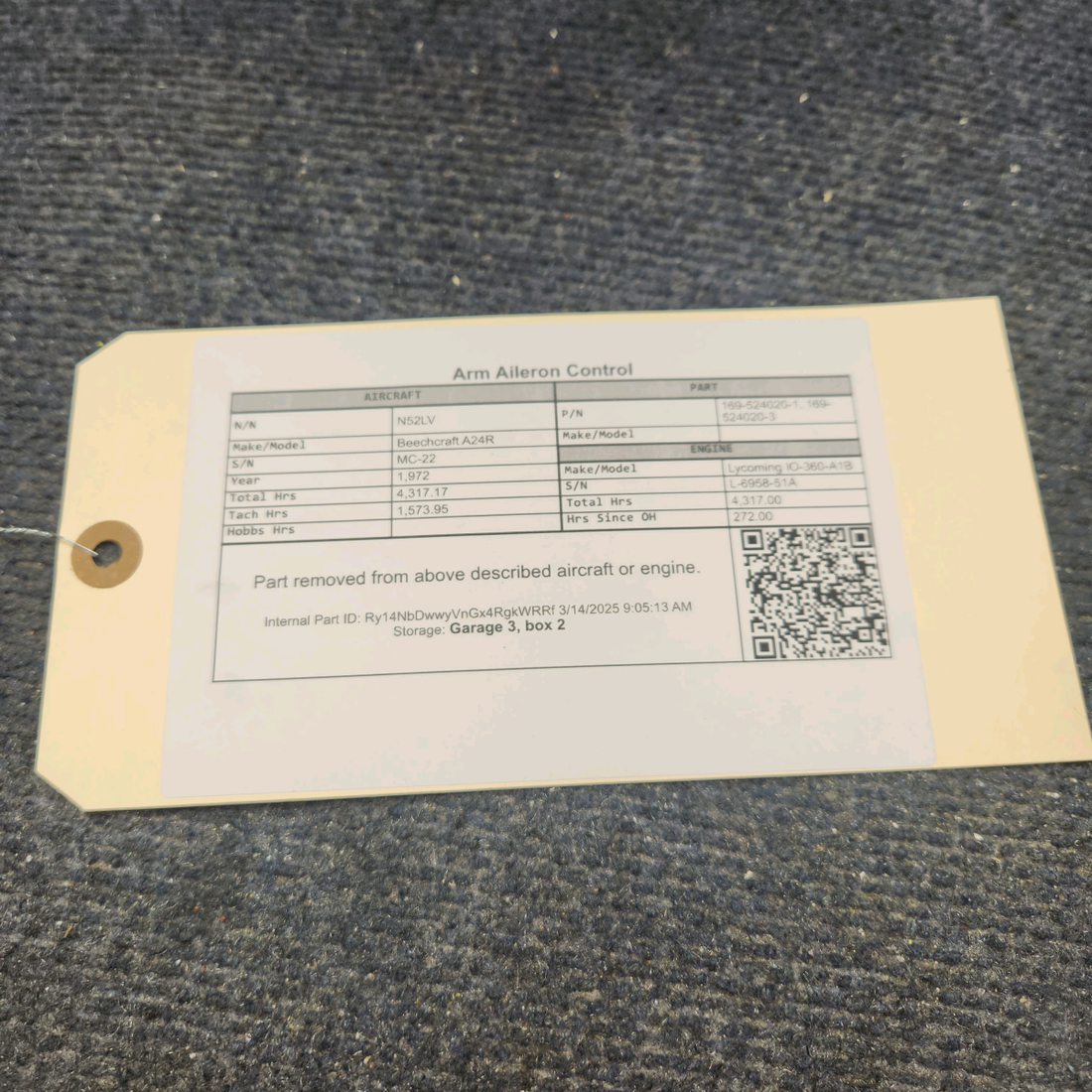 Used aircraft parts for sale, 169-524020-1 Beechcraft A24R Arm Aileron Control