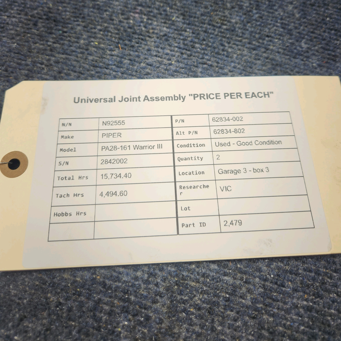 Used aircraft parts for sale, 62834-002 PIPER PA28-161 Warrior III UNIVERSAL JOINT ASSEMBLY PRICE PER EACH
