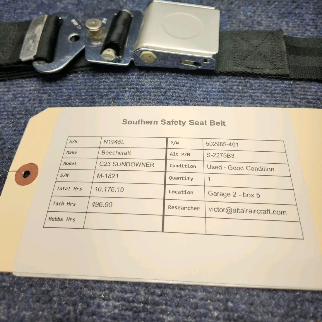 Used aircraft parts for sale, 502985-401 Beechcraft C23 SUNDOWNER SOUTHERN SAFETY SEAT BELT