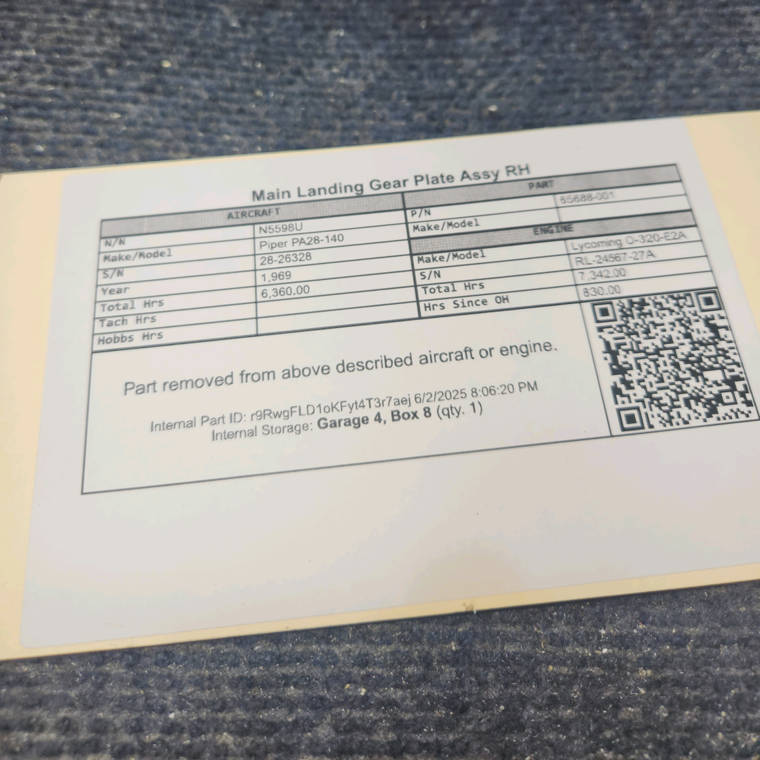 Used aircraft parts for sale, 65688-001 Piper PA28-140 Main Landing Gear Plate Assy RH