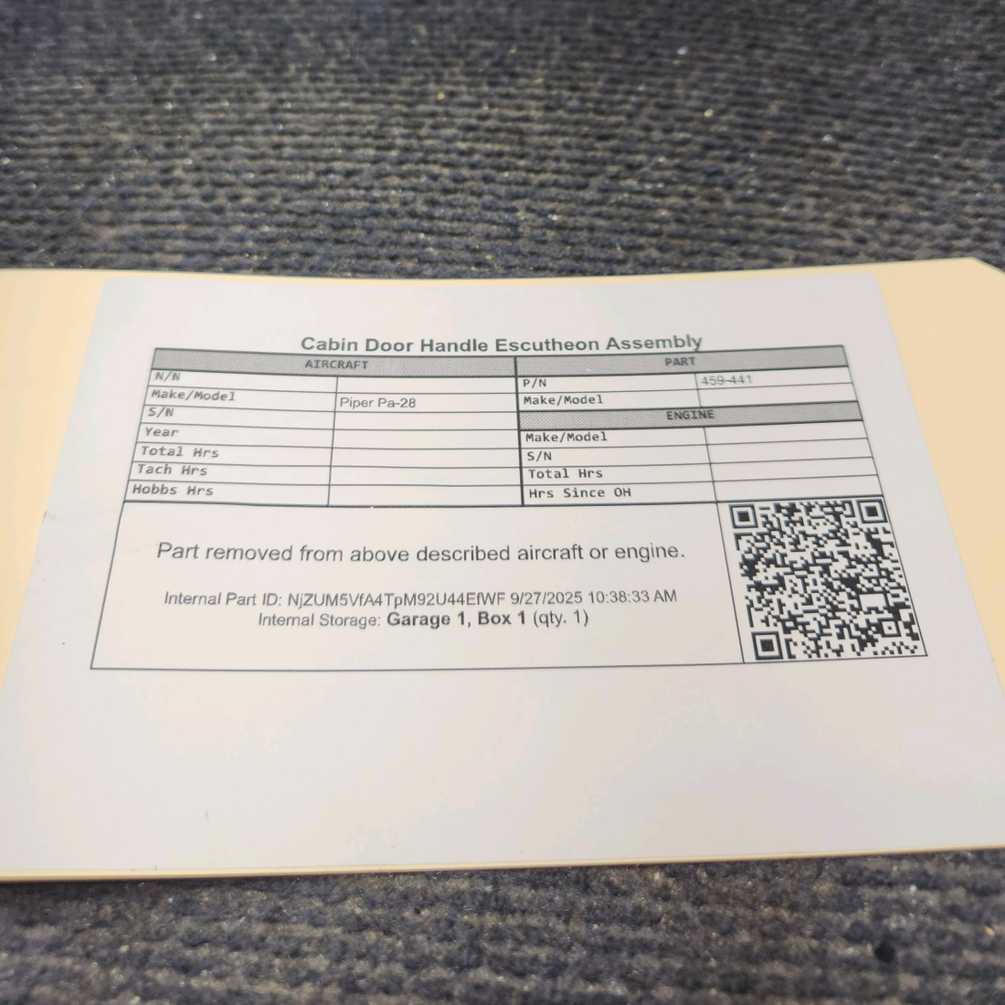 Used aircraft parts for sale, 459-441 Piper Pa-28 Cabin Door Handle Escutheon Assembly