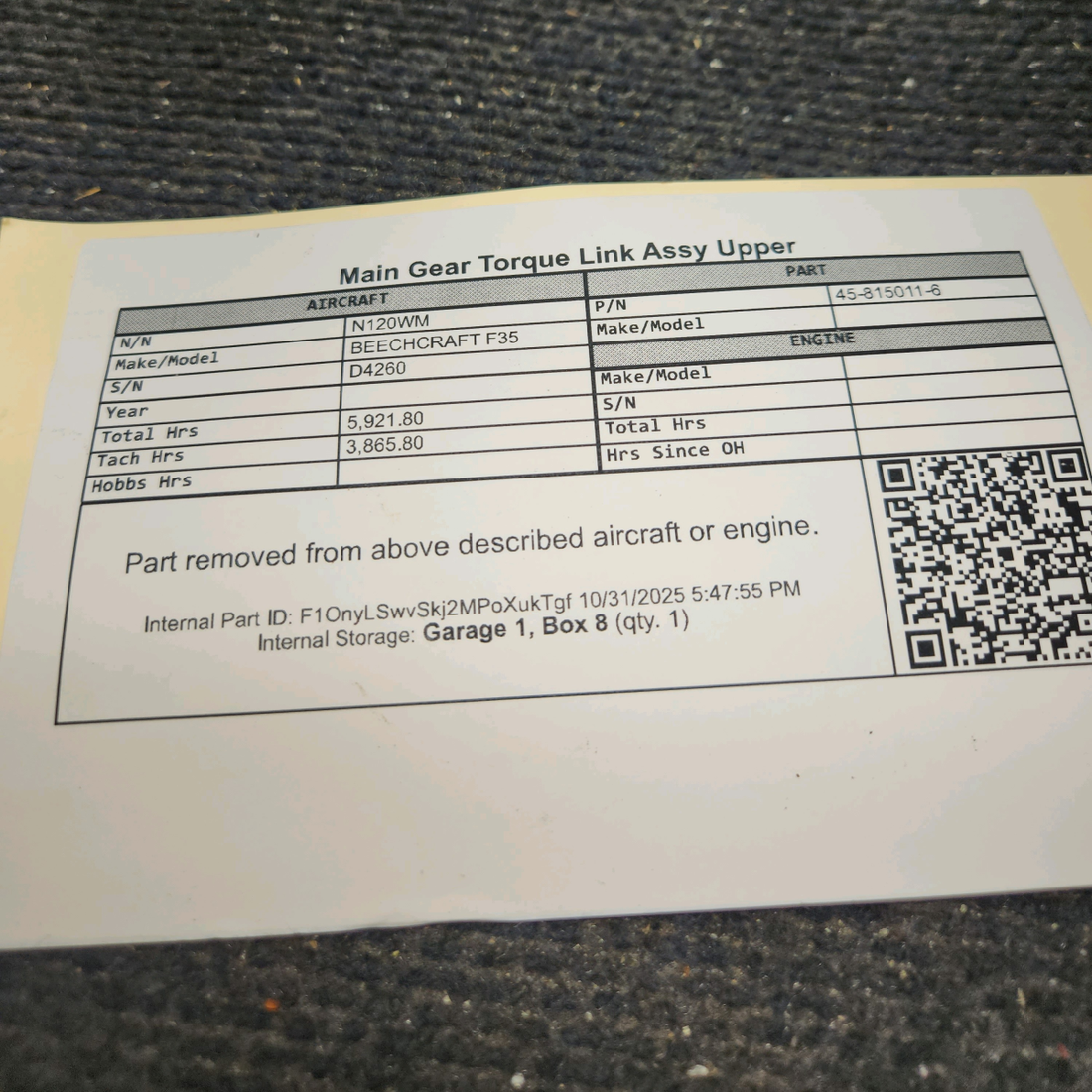 Used aircraft parts for sale, 45-815011-6 Beechcraft F35 Main Gear Torque Link Upper