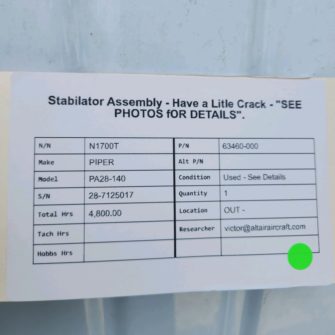 Used aircraft parts for sale, 63460-000 PIPER PA28-140 STABILATOR ASSEMBLY - HAVE A LITLE CRACK - "SEE PHOTOS FOR DETAILS".