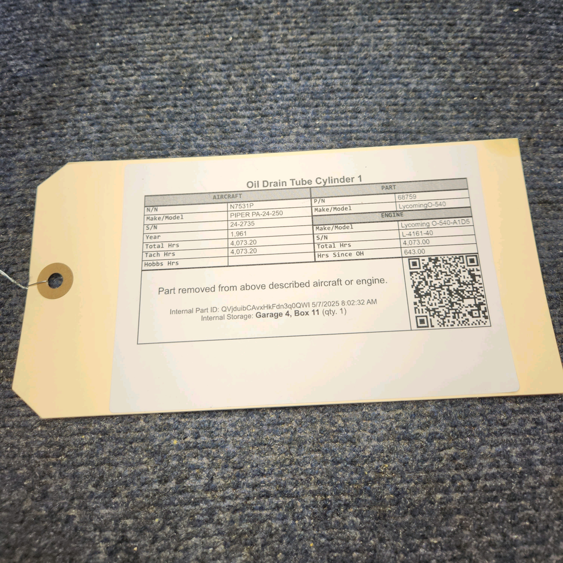 Used aircraft parts for sale, 68759 Lycoming O-540 PIPER PA-24-250 Oil Drain Tube Cylinder 1