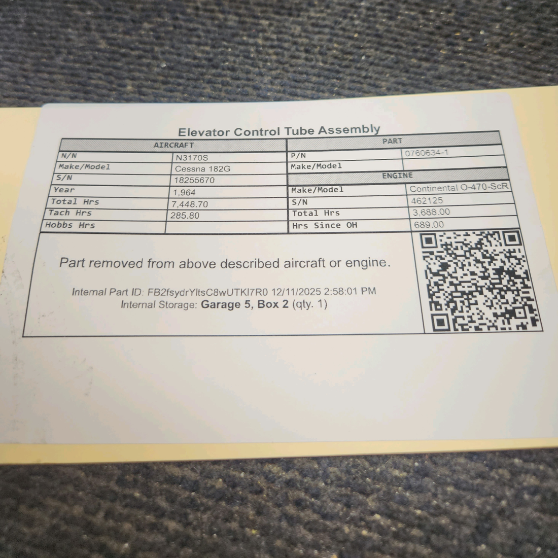 Used aircraft parts for sale, 0760634-1 Cessna 182G Elevator Control Tube Assembly