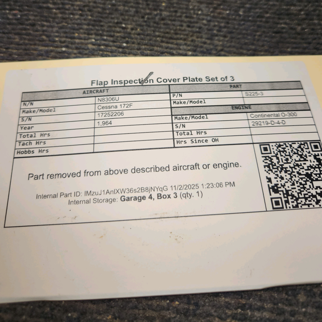 Used aircraft parts for sale, S225-3 Cessna 172F Flap Inspection Cover Plate - Set of 3