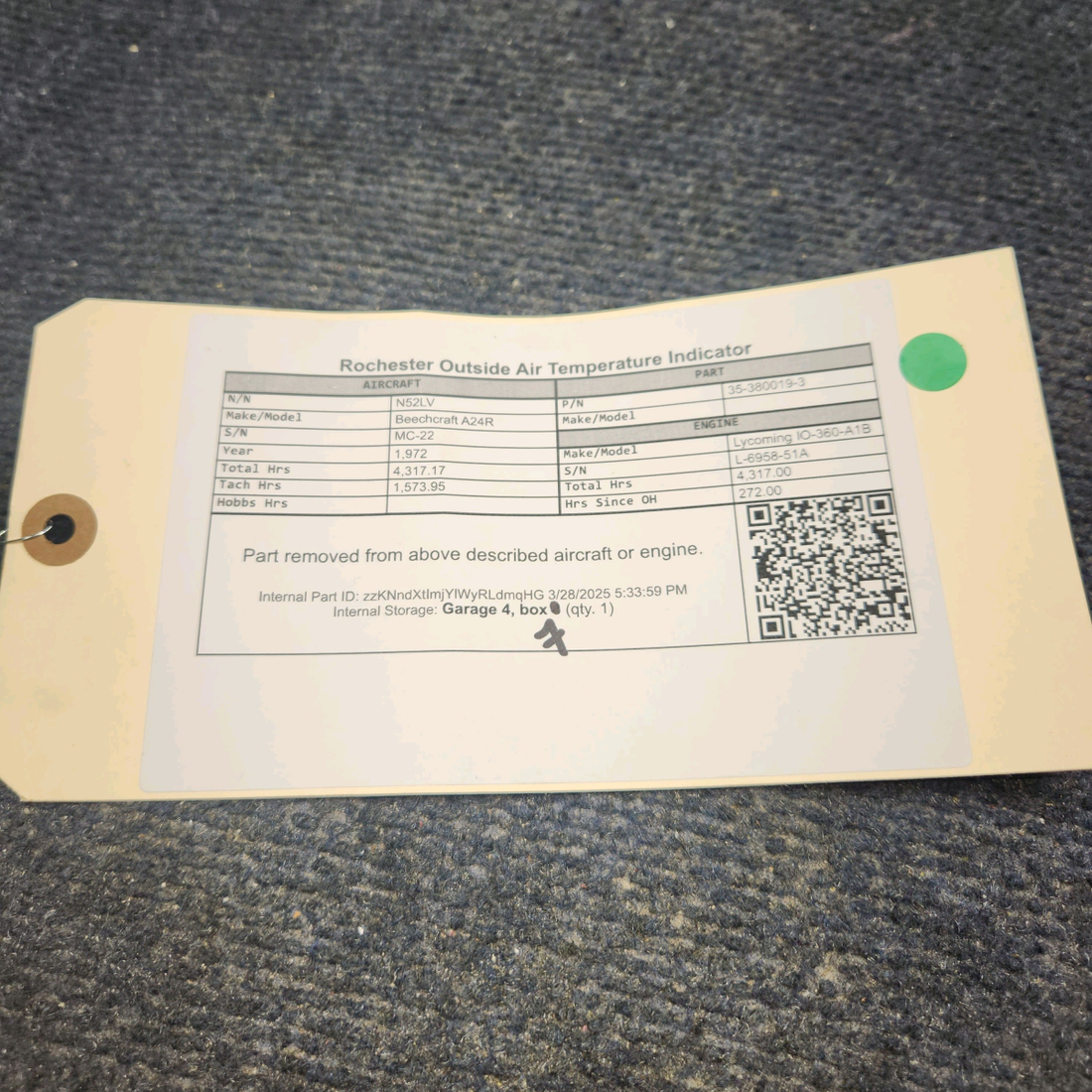 Used aircraft parts for sale, 35-380019-3 Rochester Beechcraft A24R Rochester Outside Air Temperature Indicator