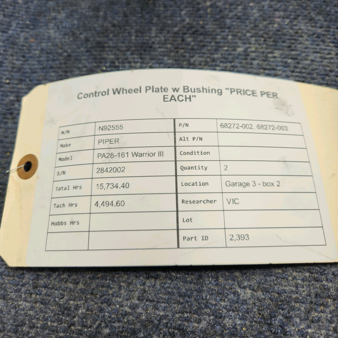 Used aircraft parts for sale, 68272-002, 68272-003 PIPER PA28-161 Warrior III CONTROL WHEEL PLATE W BUSHING "PRICE PER EACH"