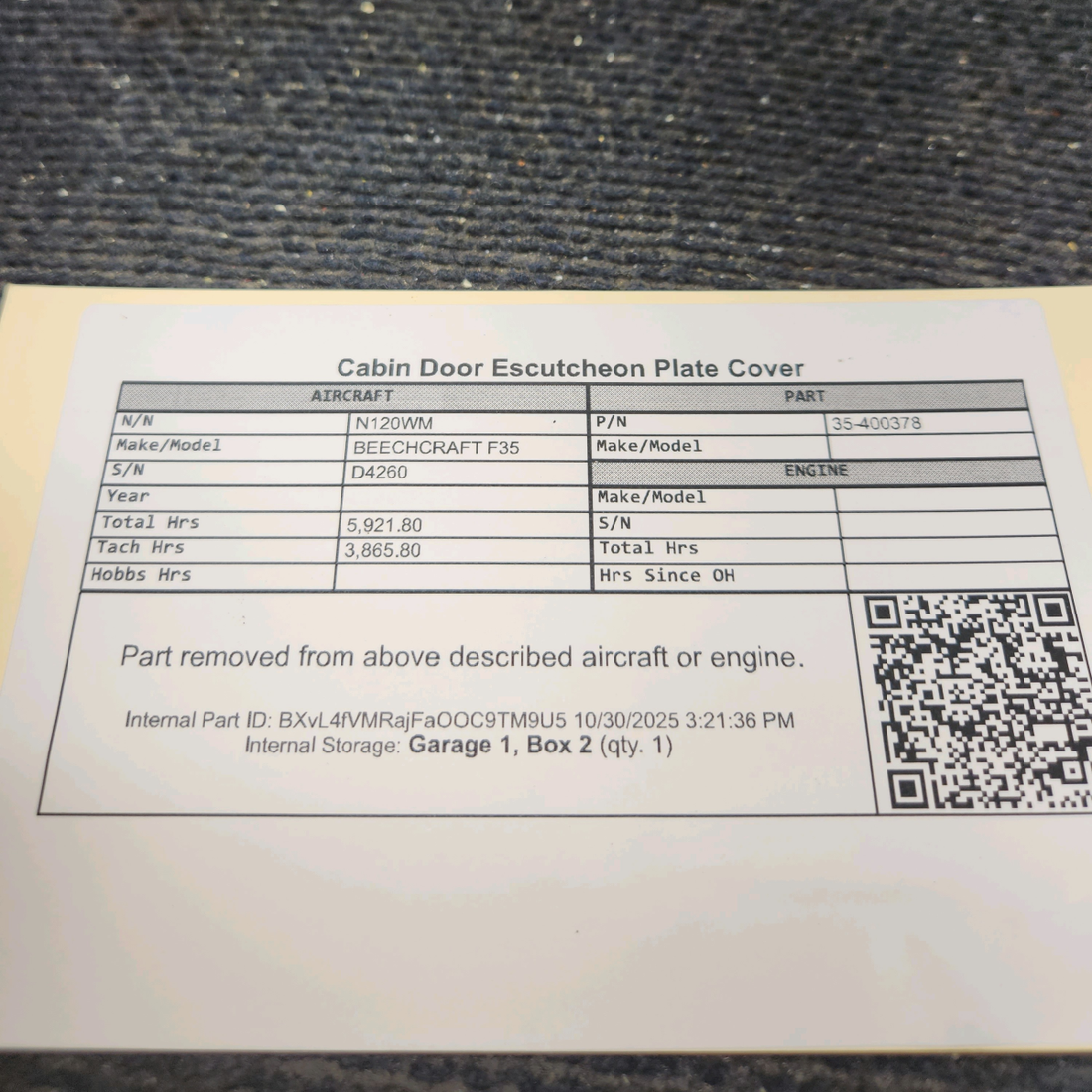 Used aircraft parts for sale, 35-400378 BEECHCRAFT F35 Cabin Door Escutcheon Plate Cover