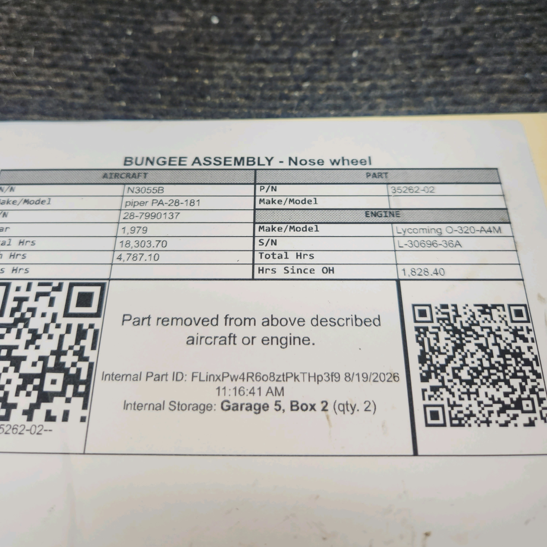 Used aircraft parts for sale, 35262-002 piper PA-28-181 Nose Wheel Bungee Assembly