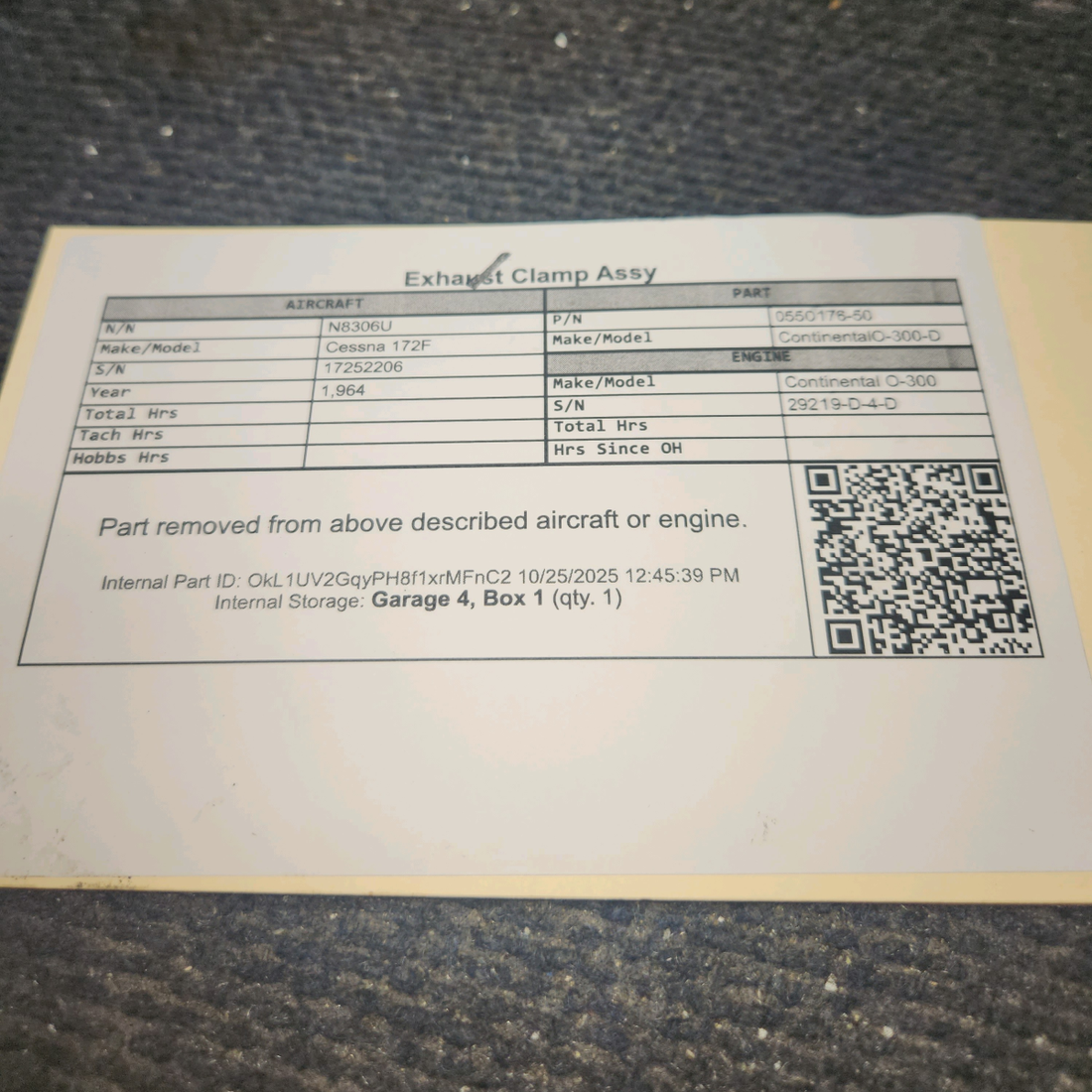 Used aircraft parts for sale, 0550176-50 Continental O-300-D Cessna 172F Exhaust Clamp Assy