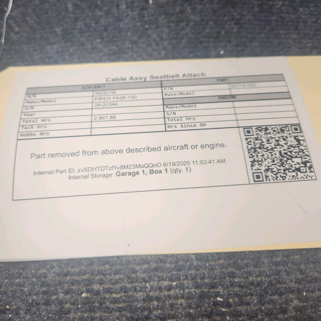 Used aircraft parts for sale, 65774-000 PIPER PA28-140 Cable Assy Seatbelt Attach