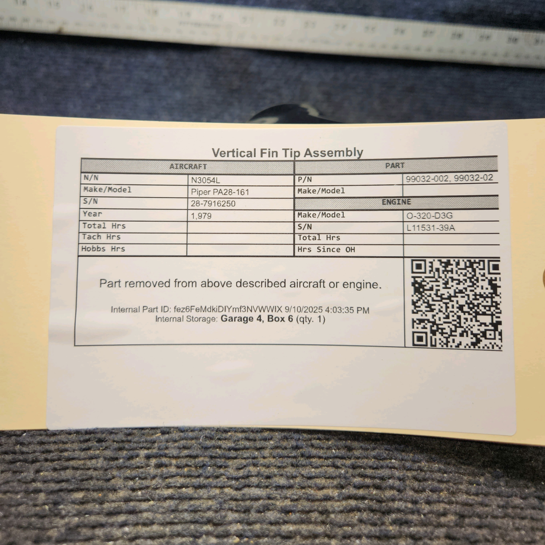 Used aircraft parts for sale, 99032-002 Piper PA28-161 Vertical Fin Tip Assembly