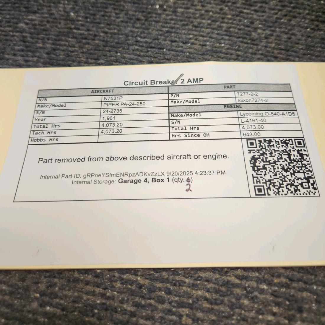 Used aircraft parts for sale, 7277-2-2 klixon 7274-2 PIPER PA-24-250 Circuit Breaker 2 AMP - Price per Each