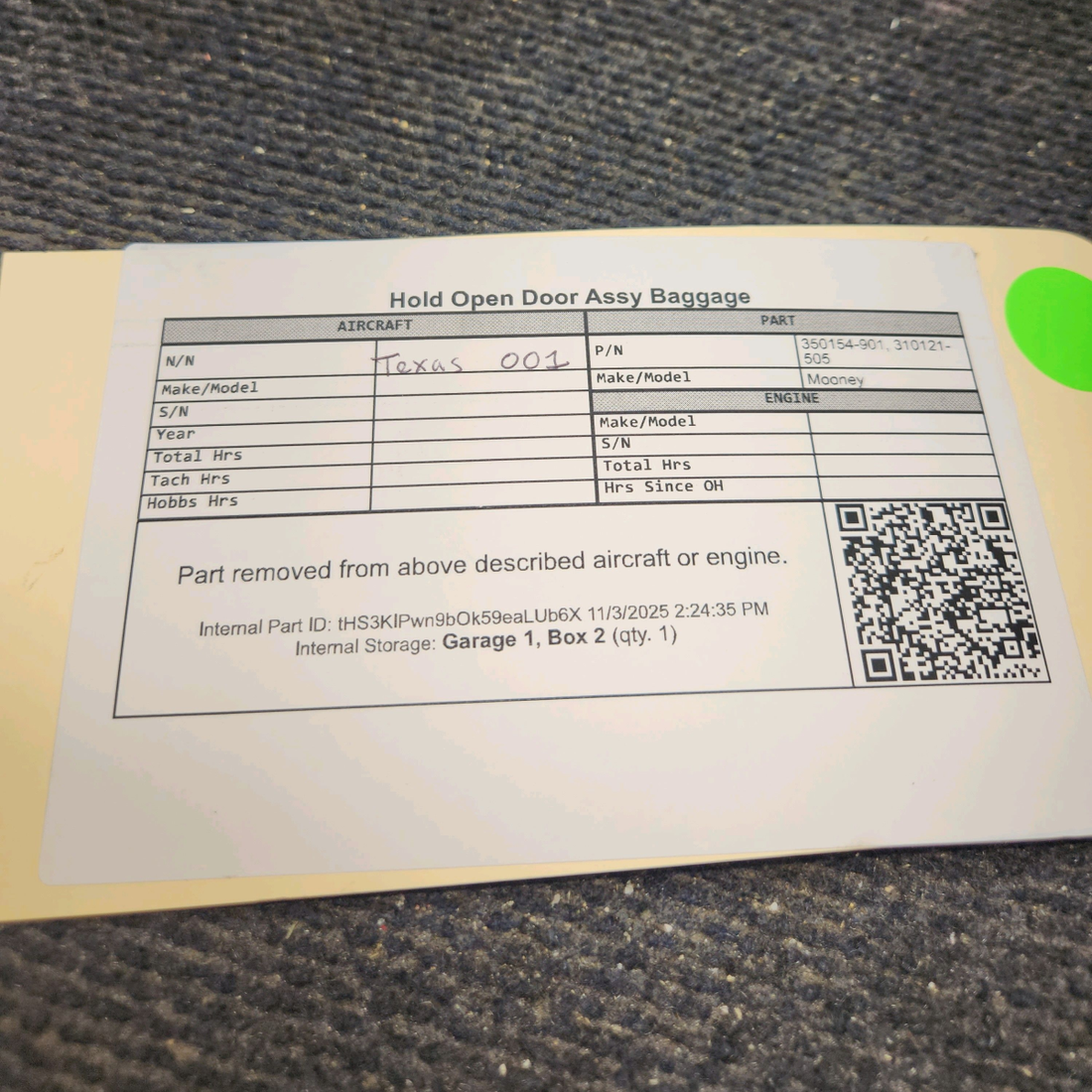 Used aircraft parts for sale, 350154-901 Mooney M20J-M20K Hold Open Door Assy Baggage