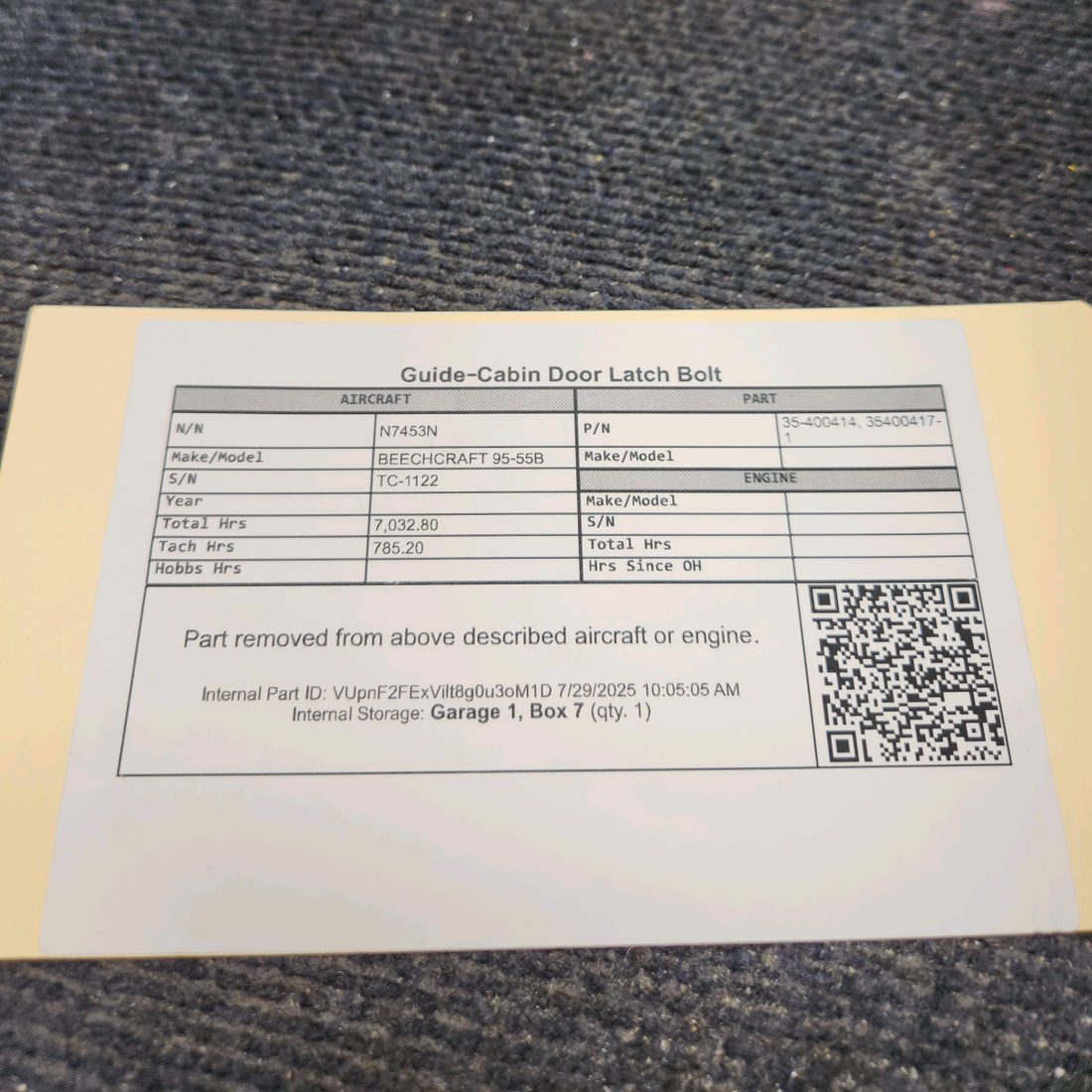 Used aircraft parts for sale, 35-400414 BEECHCRAFT 95-55B Cabin Door Latch Bolt Guide