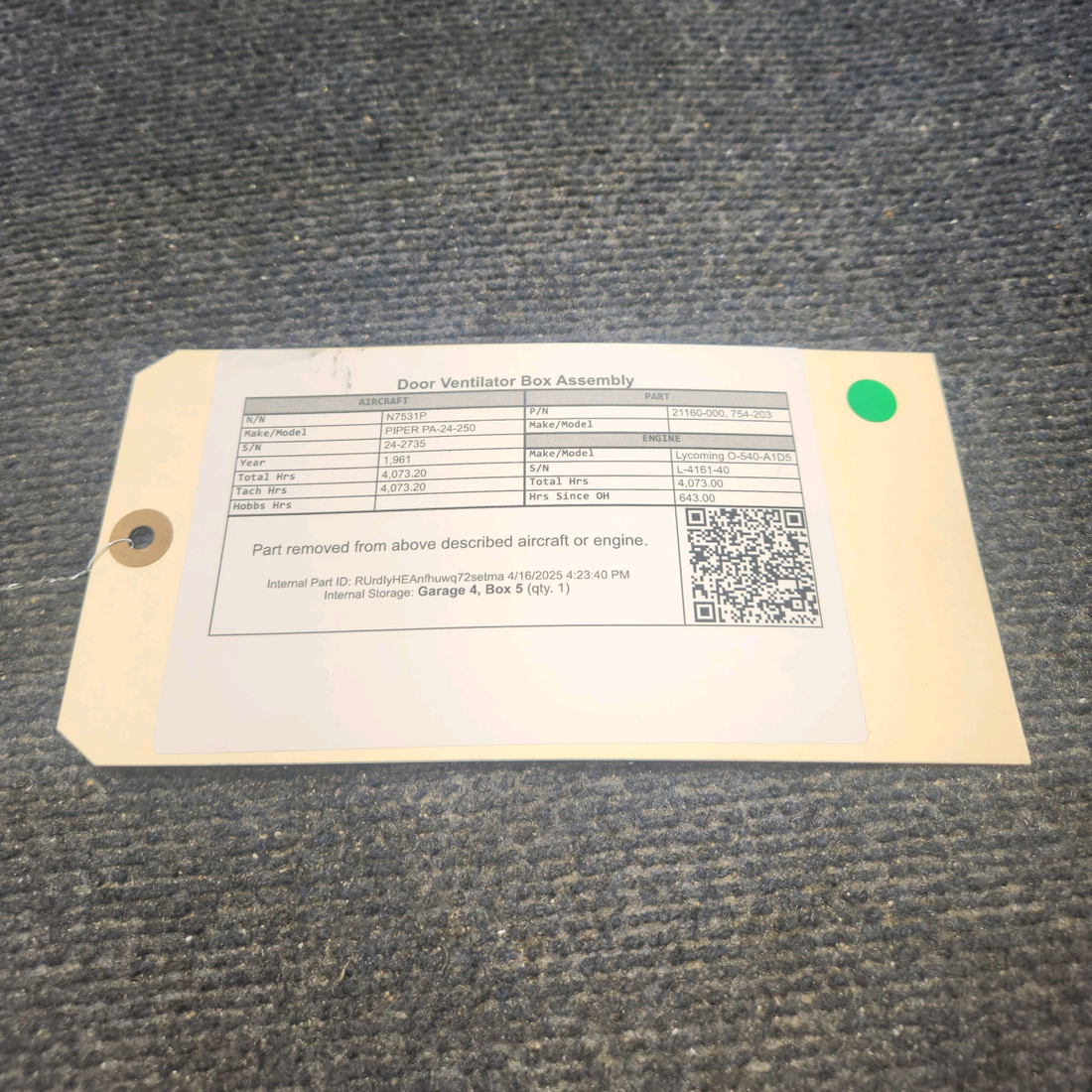 Used aircraft parts for sale, 21160-000 PIPER PA-24-250 Door Ventilator Box Assembly