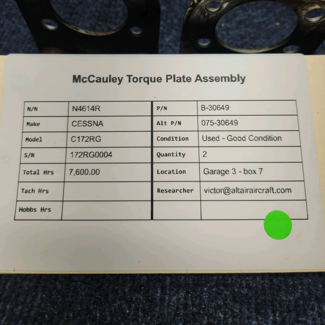 Used aircraft parts for sale, B-30649 McCauley CESSNA C172RG TORQUE PLATE ASSEMBLY PRICE PER EACH