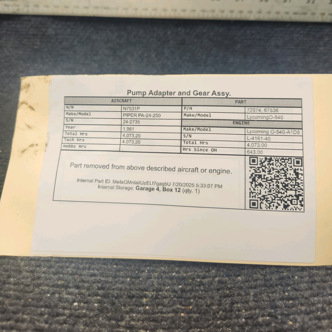 Used aircraft parts for sale, 72974, 67536 Lycoming O-540 PIPER PA-24-250 Pump Adapter and Gear Assy