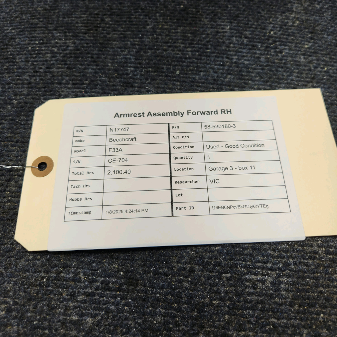 Used aircraft parts for sale, 58-530180-3 Beechcraft F33A ARMREST ASSEMBLY FORWARD RH