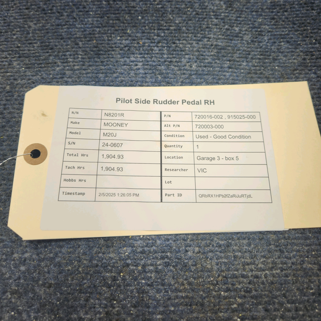 Used aircraft parts for sale, 720016-002 , 915025-000 MOONEY M20J PILOT SIDE RUDDER PEDAL RH