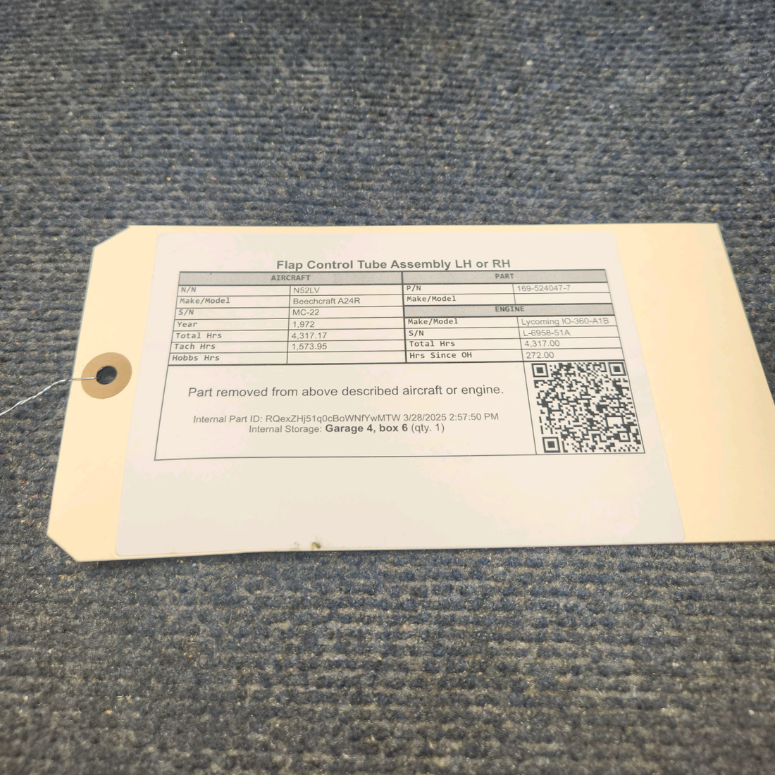 Used aircraft parts for sale, 169-524047-7 Beechcraft A24R Flap Control Tube Assembly LH or RH