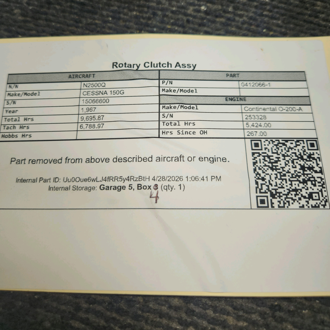 Used aircraft parts for sale, 0412066-1 cessna 150G Cabin Door Rotary Clutch Assembly