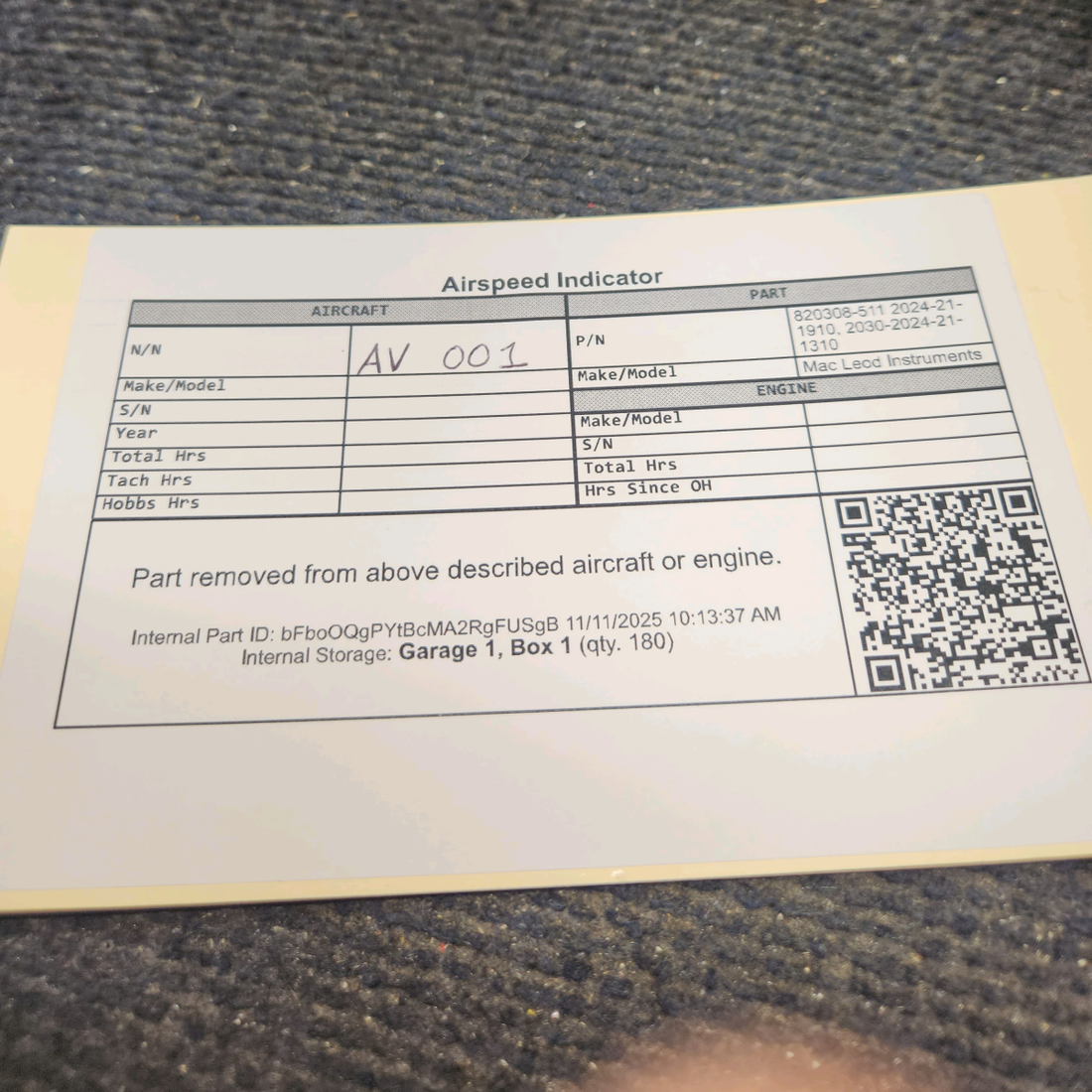Used aircraft parts for sale, 820308-511 2024-21-1910 Mac Leod Instruments Mooney M20J Airspeed Indicator