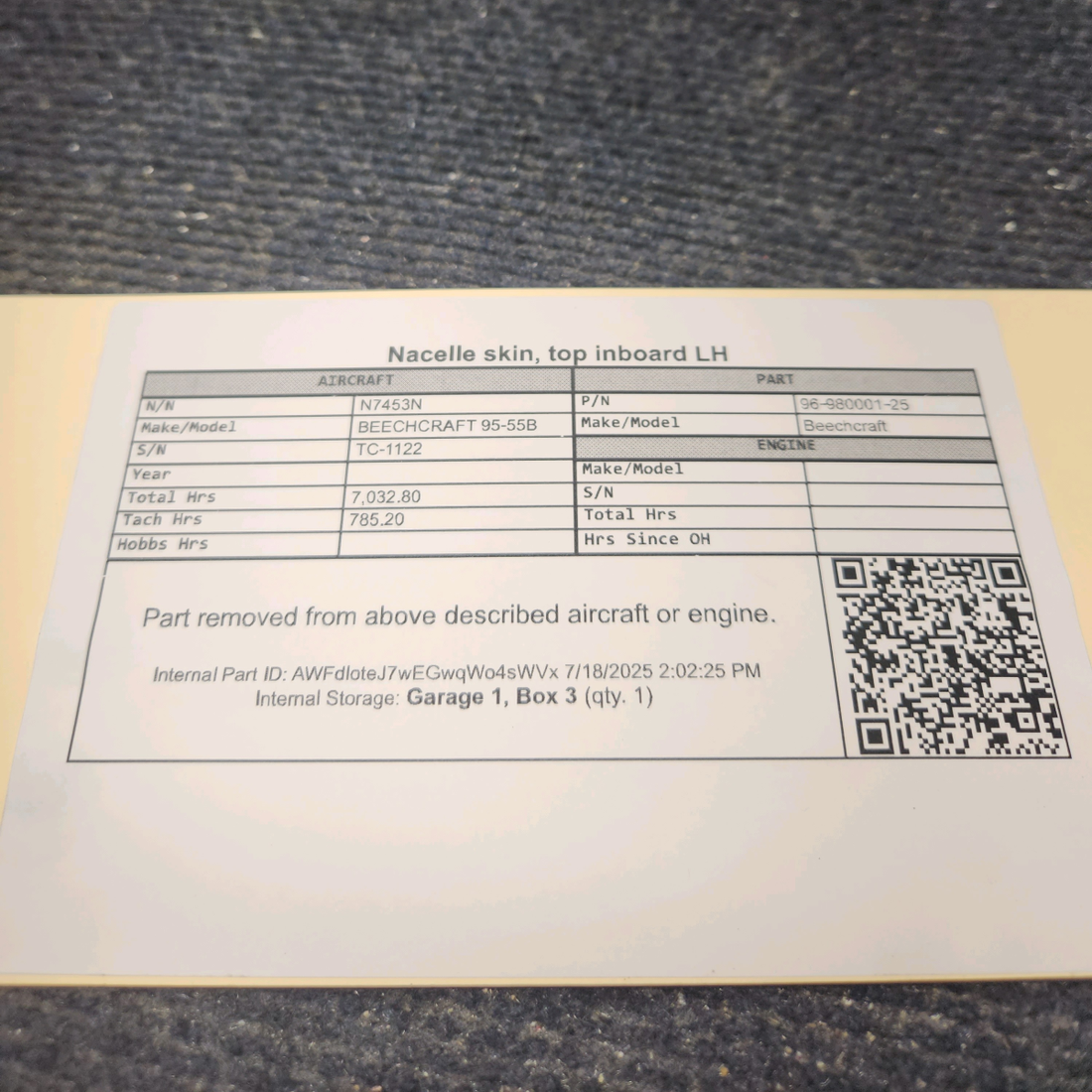 Used aircraft parts for sale, 96‑980001‑25 BEECHCRAFT 95-55B Nacelle Skin Top Inboard - LH