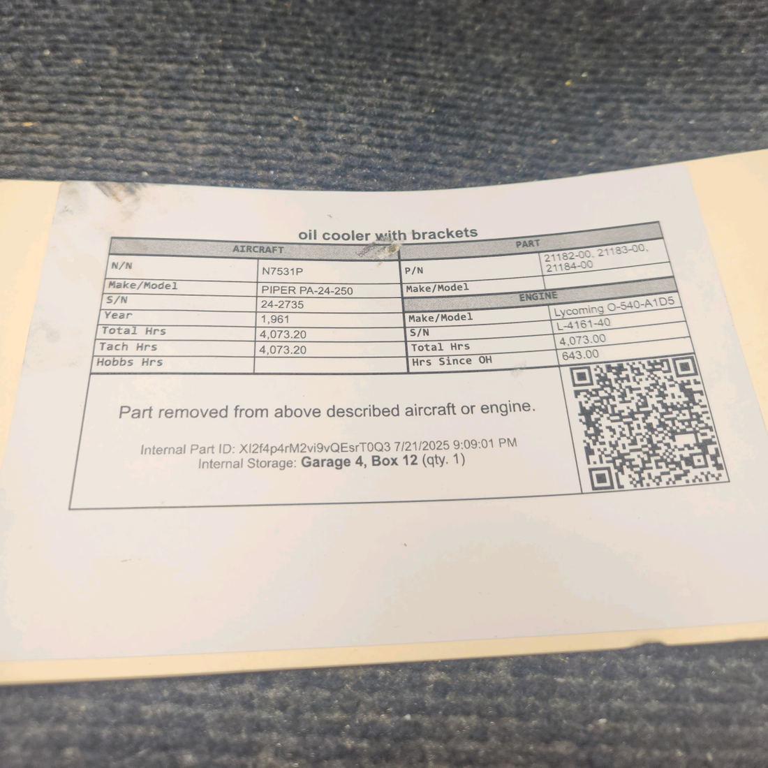 Used aircraft parts for sale, 21182-00, 21183-00, 21184-00 PIPER PA-24-250 Oil Cooler with Brackets