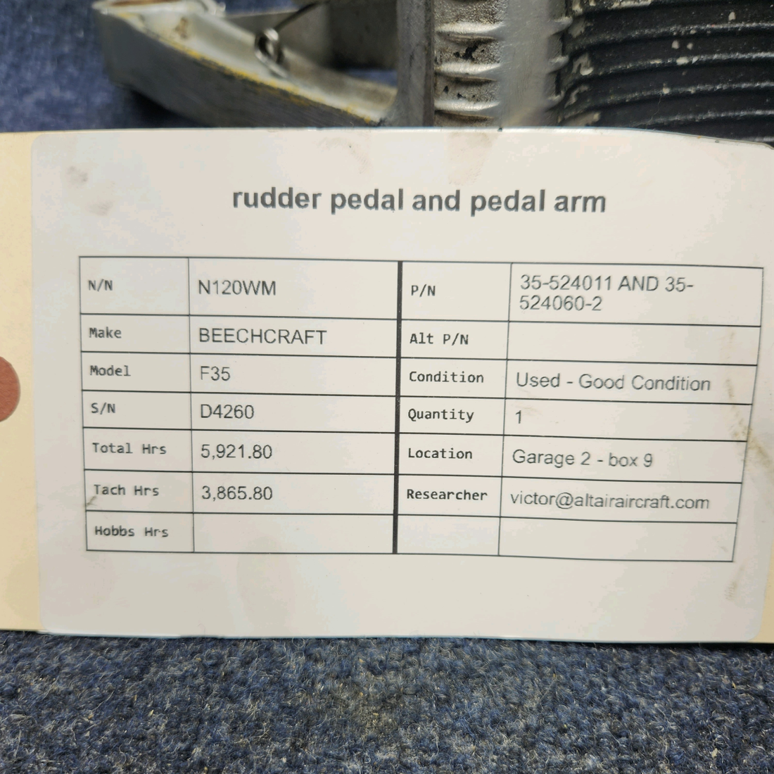 Used aircraft parts for sale, 35-524011 AND 35-524060-2 BEECHCRAFT F35 RUDDER PEDAL AND PEDAL ARM