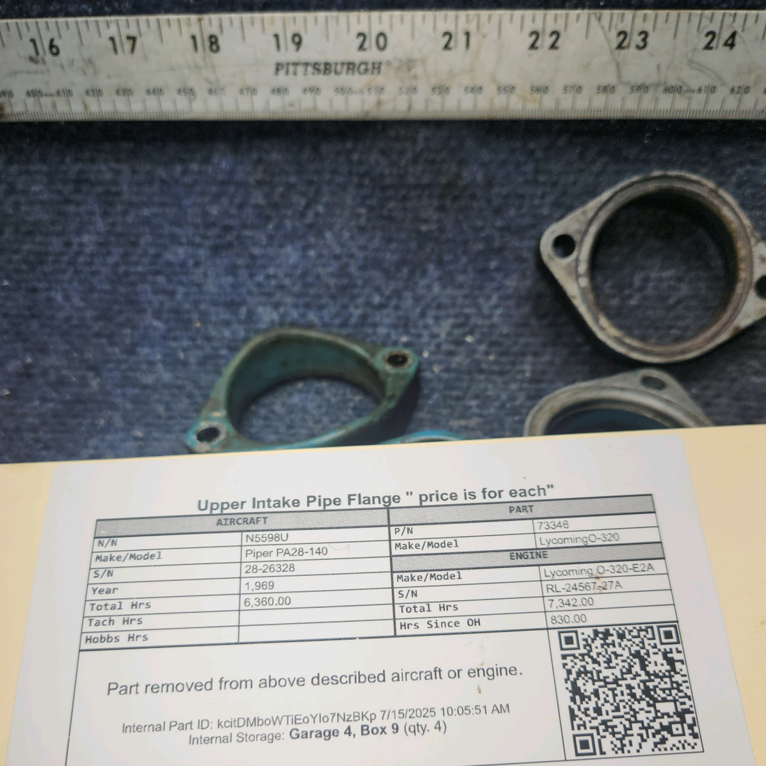 Used aircraft parts for sale, 73346 Lycoming O-320 Piper PA28-140 Upper Intake Pipe Flange – Price is for Each
