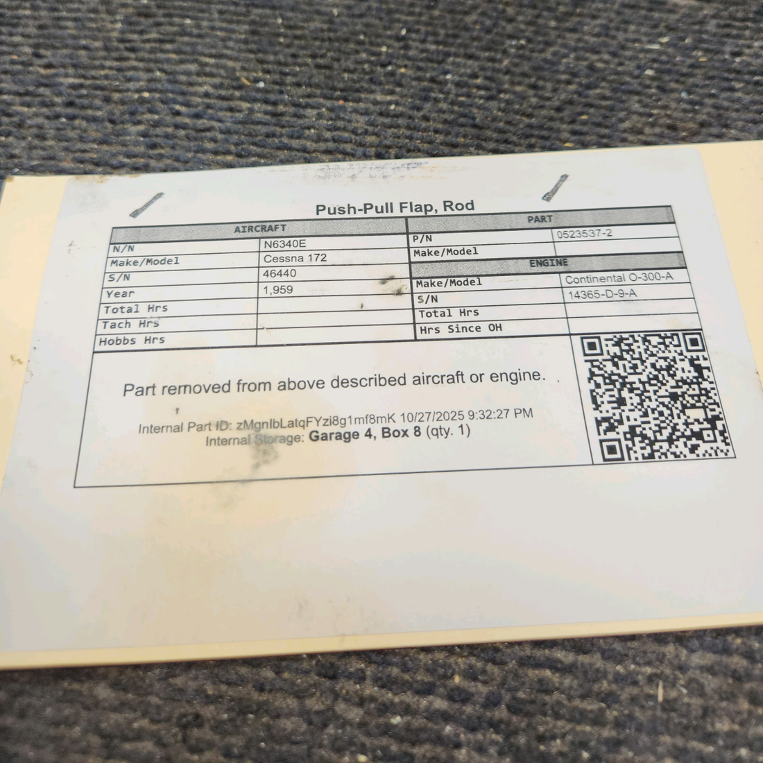 Used aircraft parts for sale, 0523537-2 Cessna 172 Push-Pull Flap, Rod