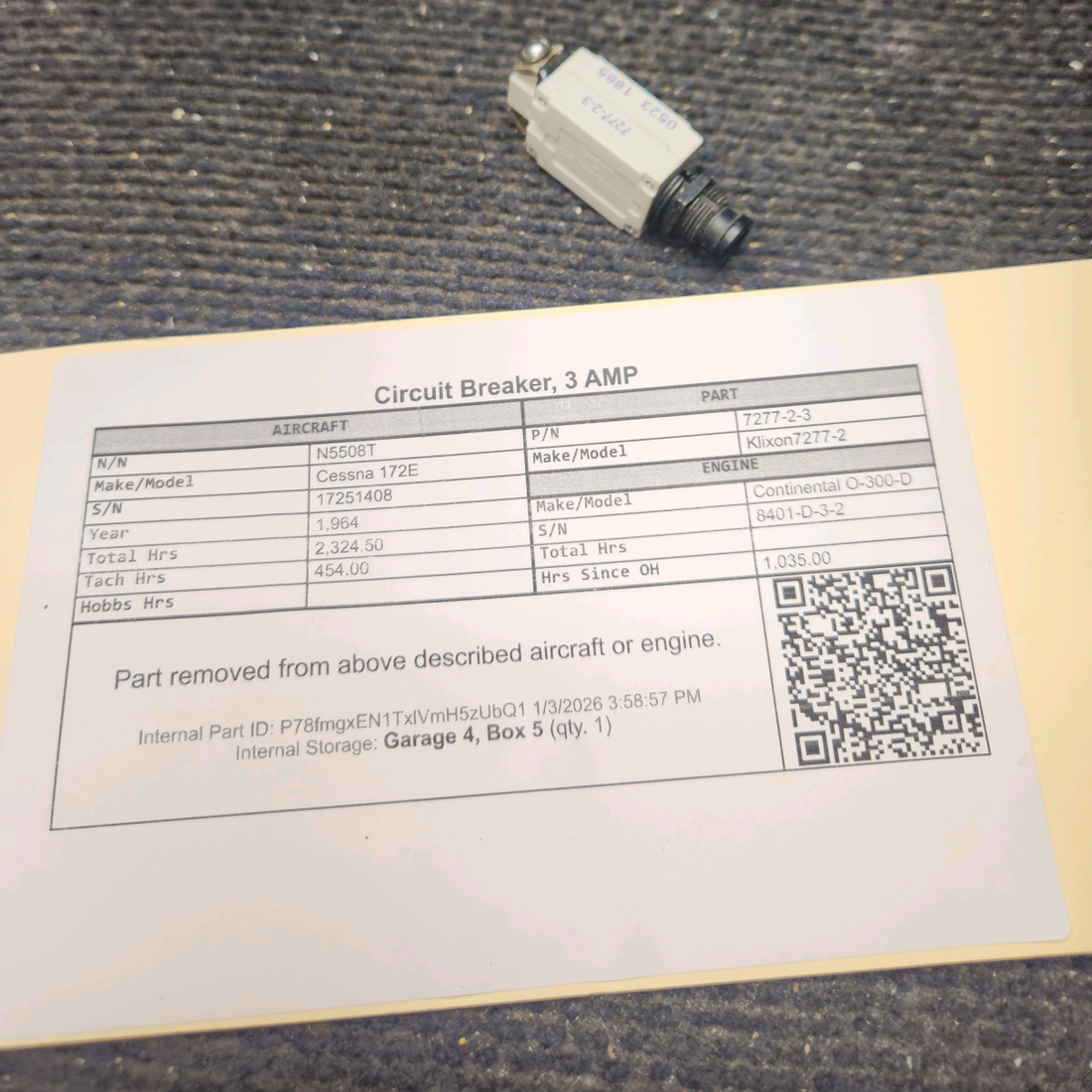 Used aircraft parts for sale, 7277-2-3 Klixon 7277-2 Cessna 172E Circuit Breaker, 3 AMP