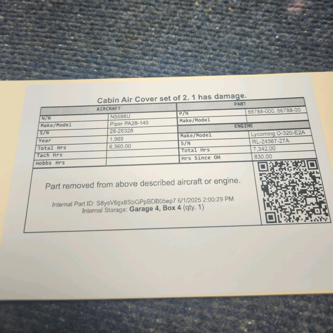 Used aircraft parts for sale, 66788-000 Piper PA28-140 Cabin Air Cover set of 2, 1 has damage.