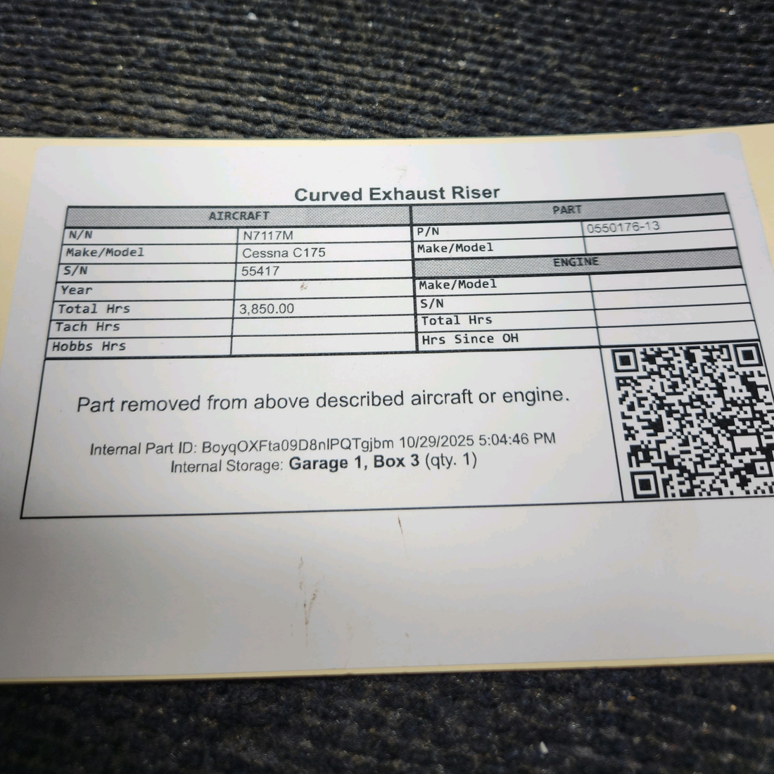 Used aircraft parts for sale, 0550176-13 Continental O-300 Cessna C175 Curved Exhaust Riser