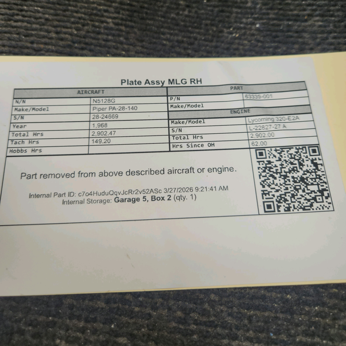 Used aircraft parts for sale, 63339-001 Piper PA-28-140 MLG Plate Assembly – RH