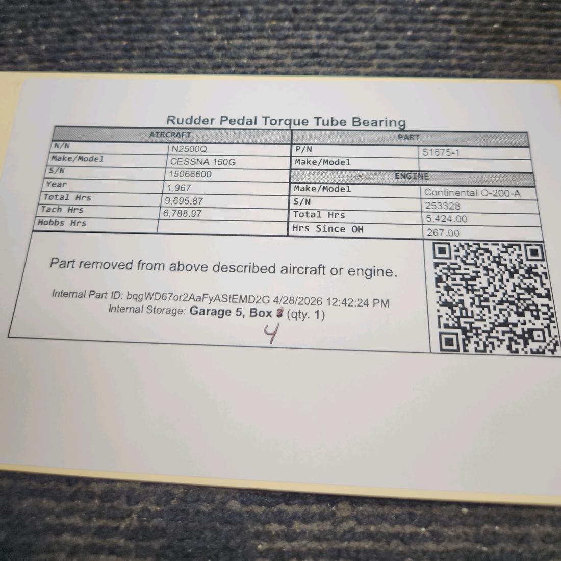 Used aircraft parts for sale, S1675-1 cessna 150G Rudder Pedal Torque Tube Bearing