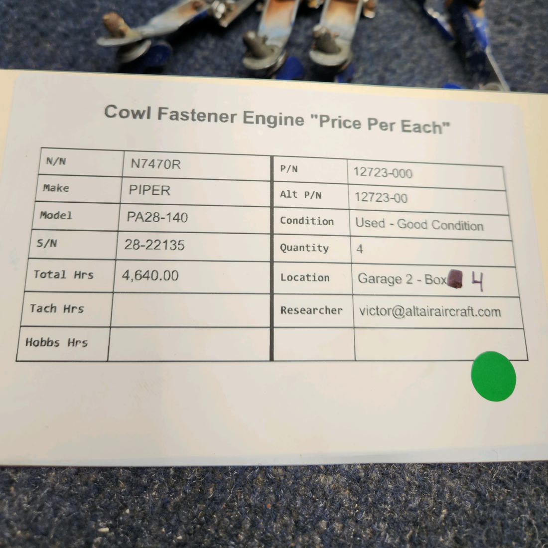 Used aircraft parts for sale, 12723-000 PIPER PA28-140 ENGINE COWL FASTENER "PRICE PER EACH"