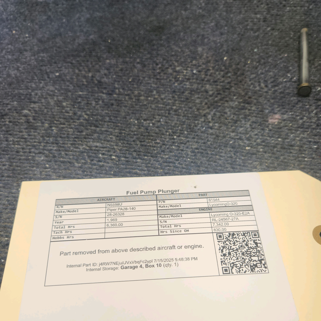 Used aircraft parts for sale, 61544 Lycoming O-320 Piper PA28-140 Fuel Pump Plunger