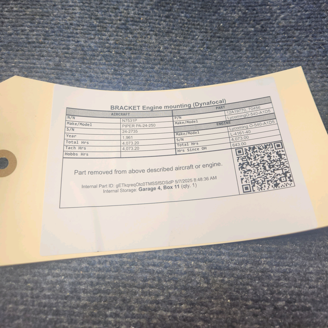 Used aircraft parts for sale, 12A19770 Lycoming O-540-A1D5 PIPER PA-24-250 BRACKET Engine mounting (Dynafocal)