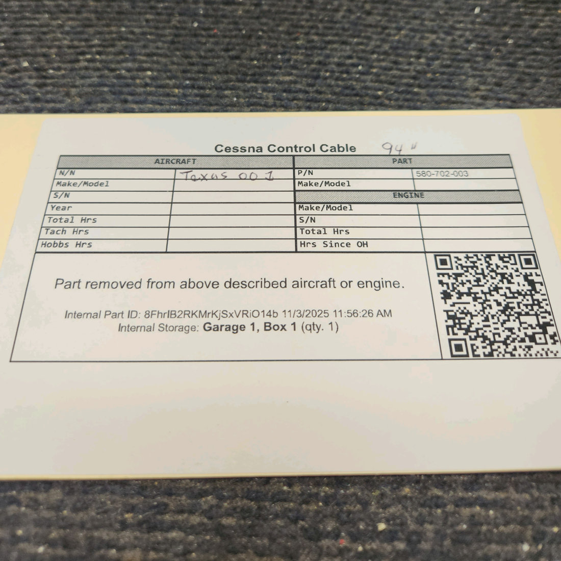 Used aircraft parts for sale, 580-702-003 Cessna Control Cable 94"