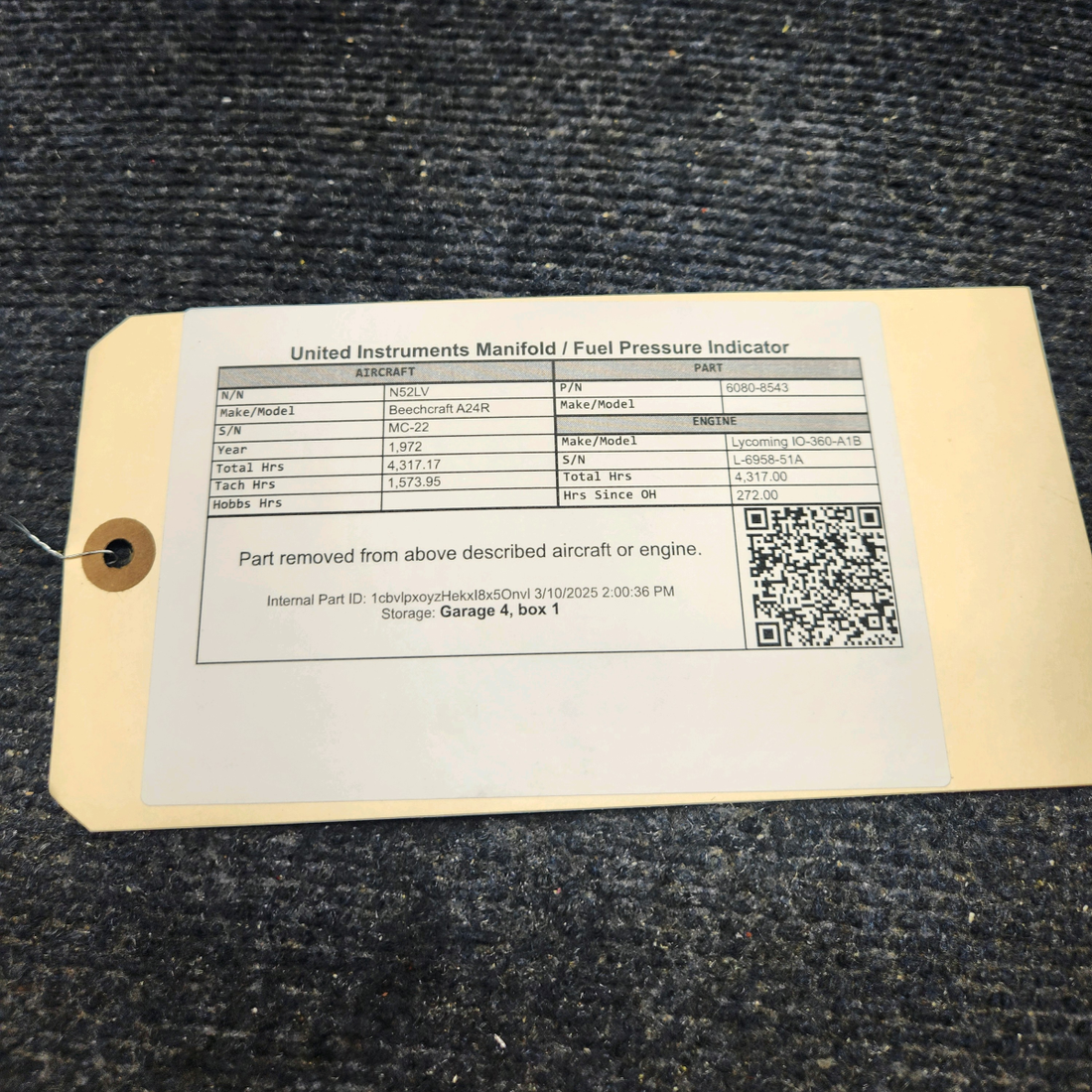 Used aircraft parts for sale, 6080-8543 United Instruments Beechcraft A24R Manifold / Fuel Pressure Indicator
