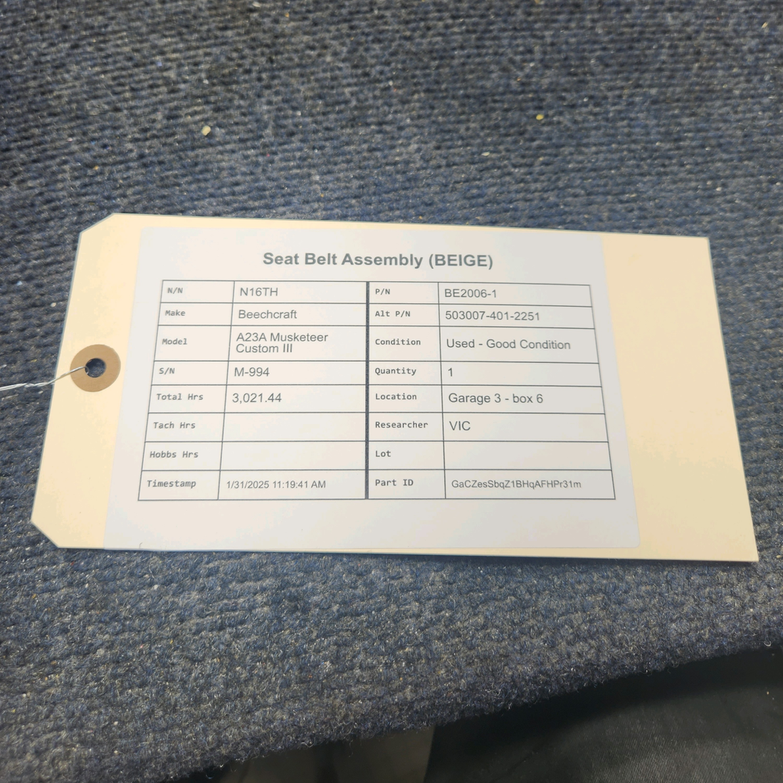 Used aircraft parts for sale, BE2006-1 Beechcraft A23A Musketeer Custom III SEAT BELT ASSEMBLY (BEIGE)