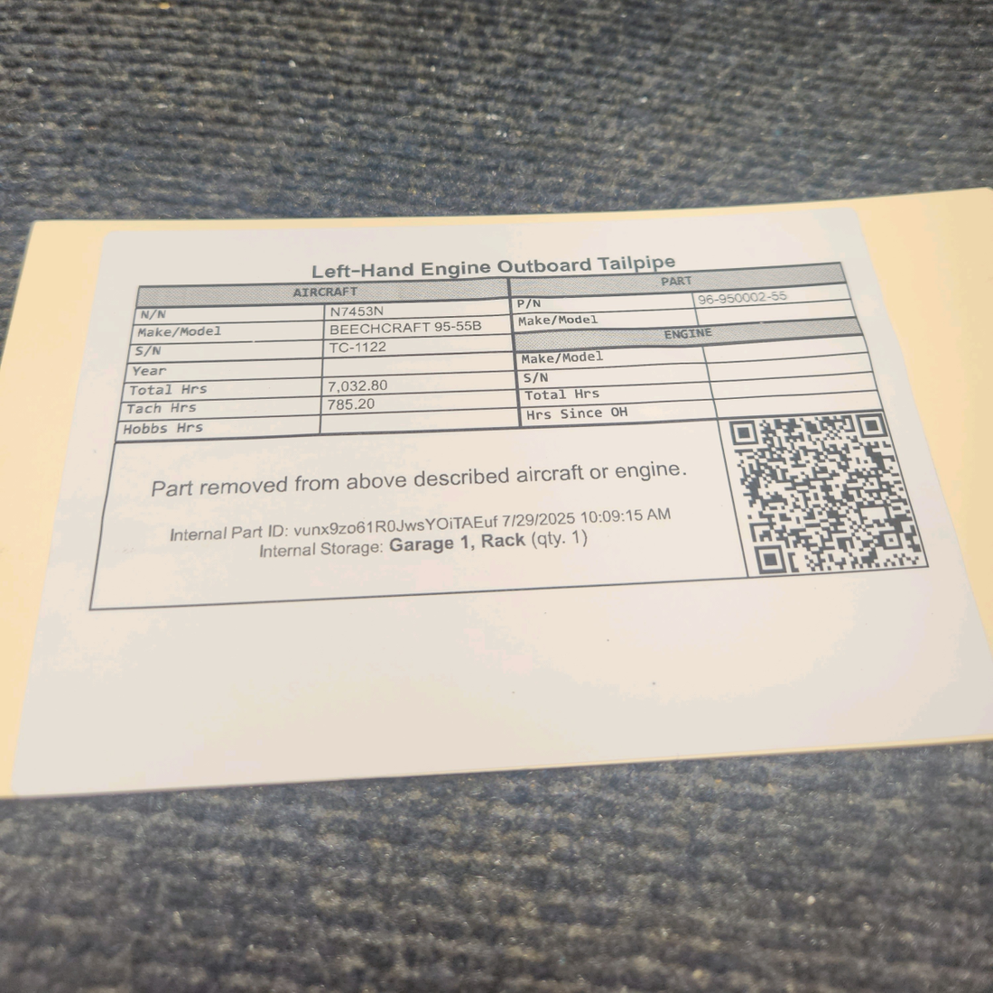 Used aircraft parts for sale, 96-950002-55 BEECHCRAFT 95-55B Outboard Tailpipe – LH Engine