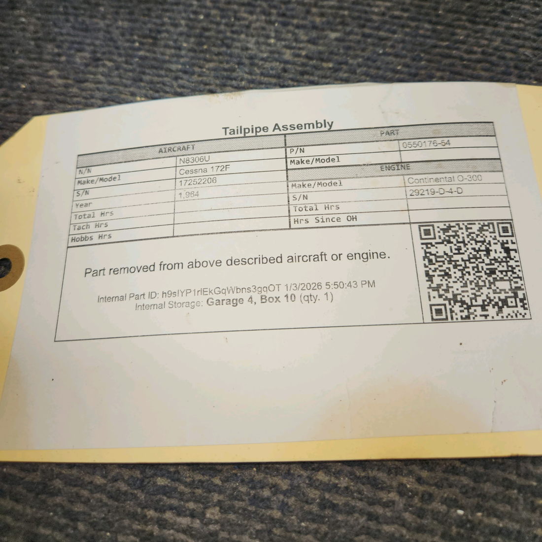 Used aircraft parts for sale, 0550176-54 Cessna 172F Tailpipe Assembly