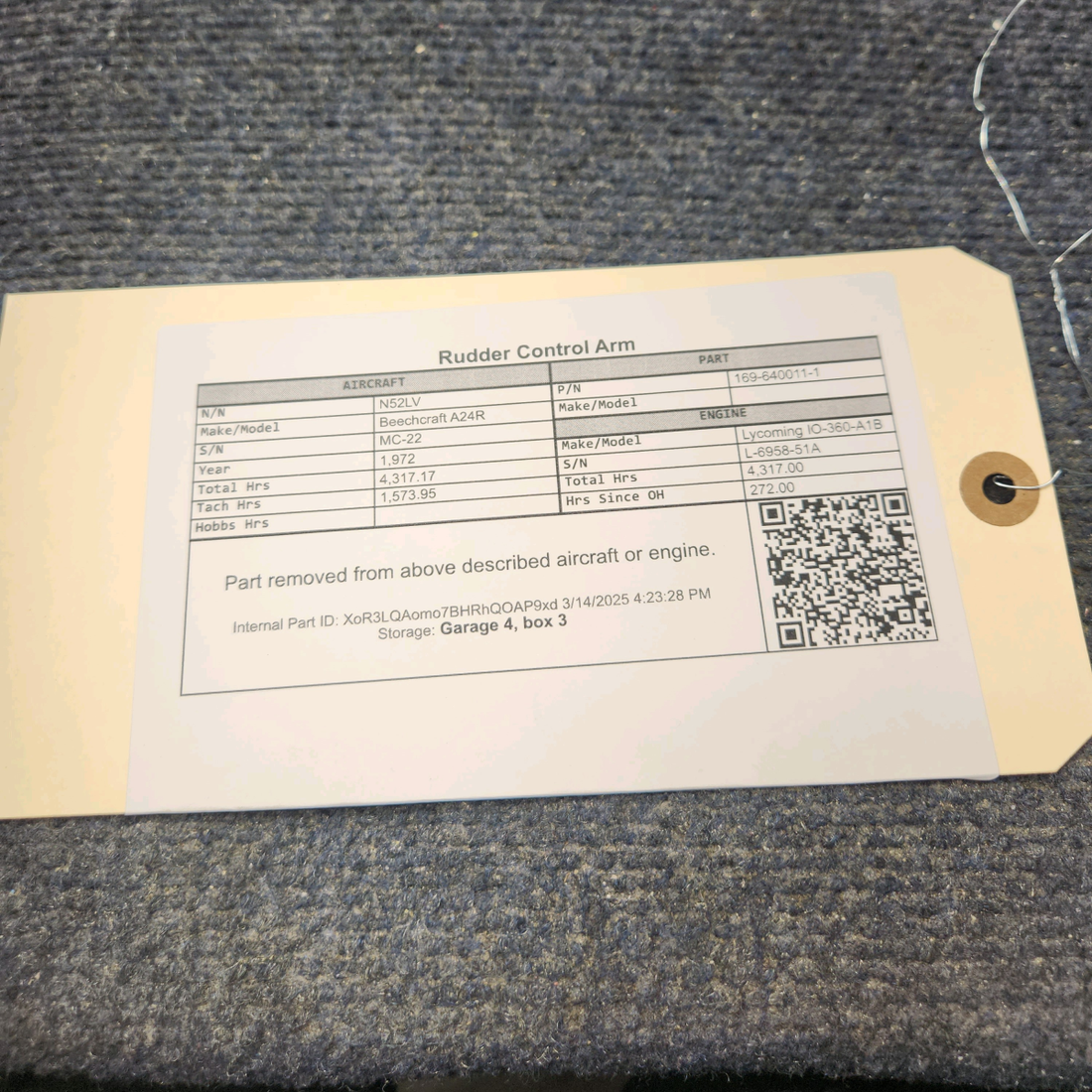 Used aircraft parts for sale, 169-640011-1 Beechcraft A24R Rudder Control Arm