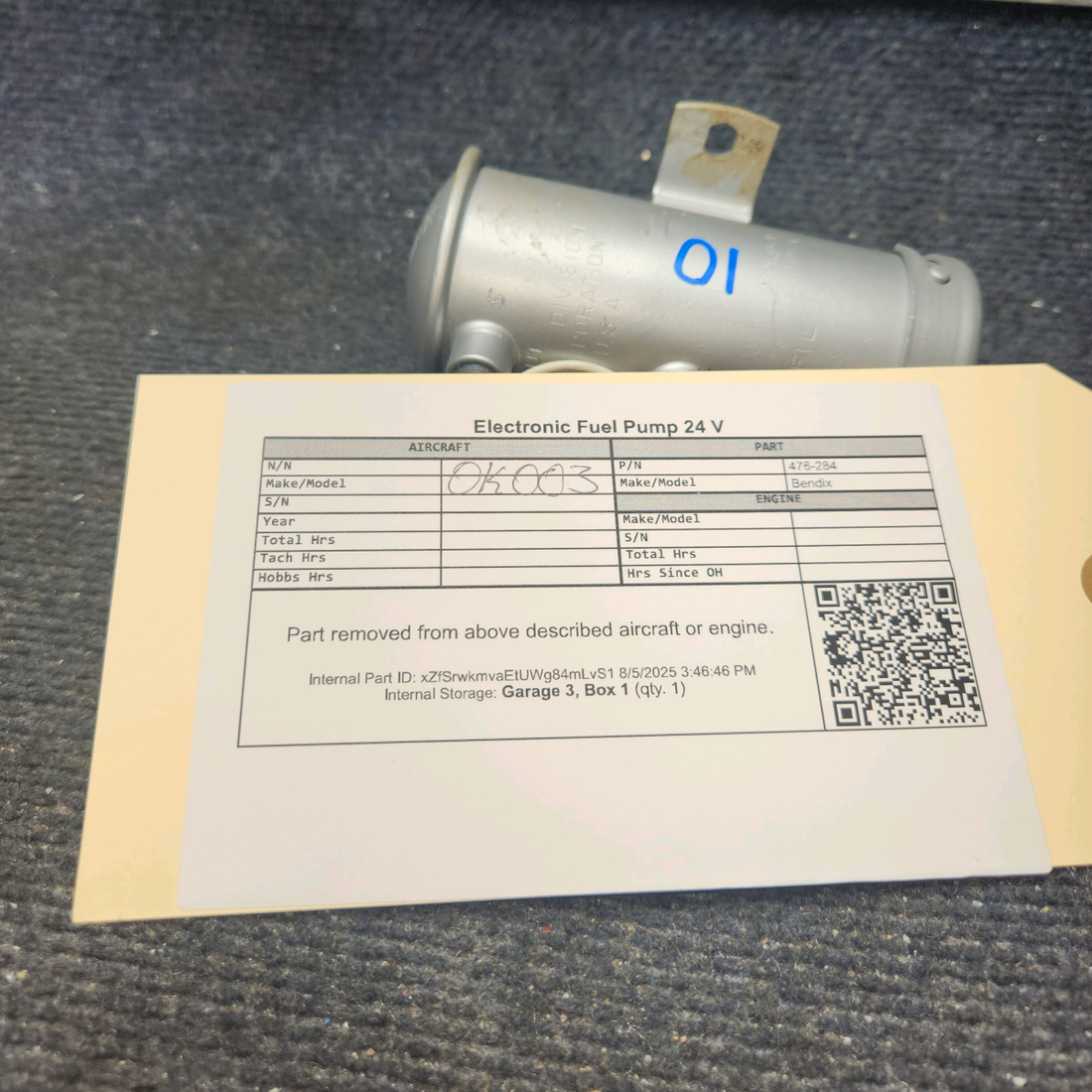 Used aircraft parts for sale, 476-284 Bendix Electronic Fuel Pump 24 V